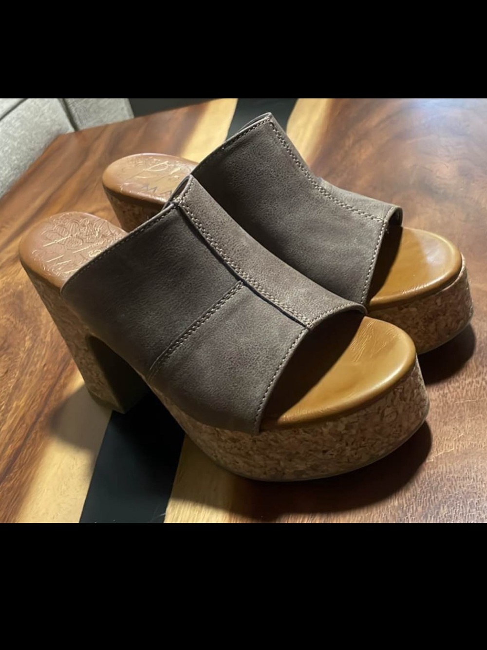 Taupe Suede/Leather Platform Slide Mules with Cork Heel